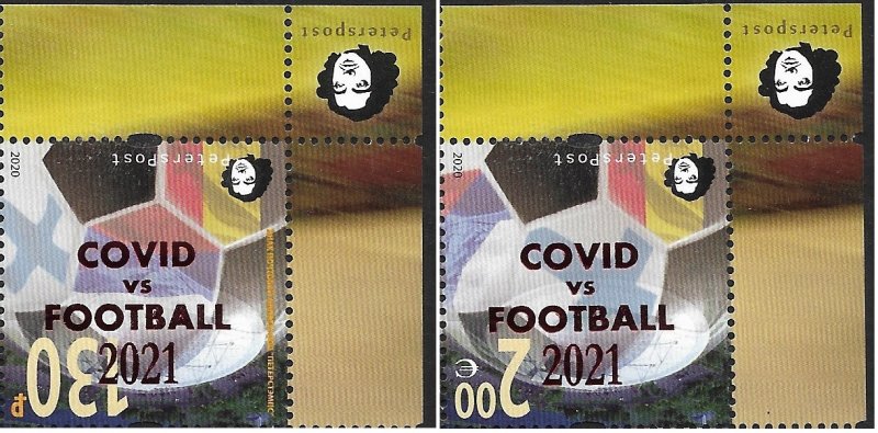 Russia and Finland 2021 Peterspost Qualifiers for the UEFA championship St.Petersburg Russia INVERT overprint COVID vs FOOTBALL set of 2 stamps - Image 1