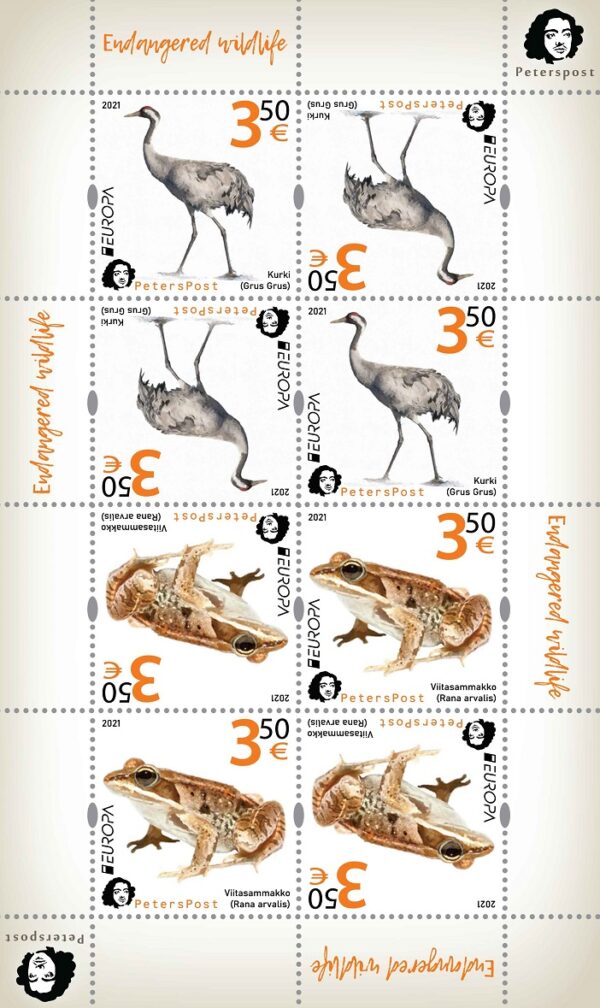 Finland 2021 Europa Endangered Wildlife minisheet of Peterspost issue crane and frog 3.50 EUR each in tet-beshes MNH