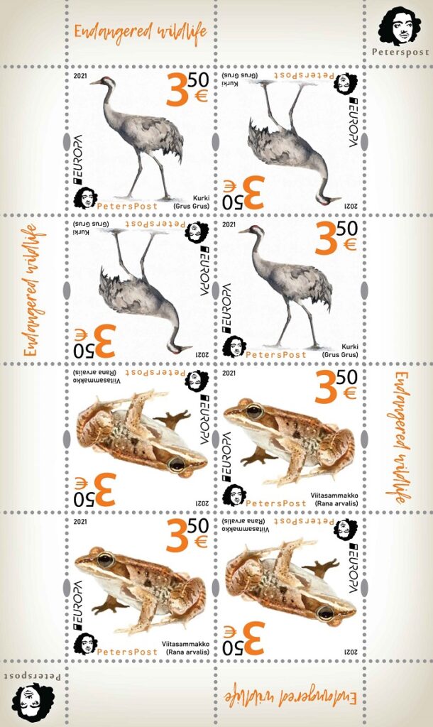 Finland 2021 Europa Endangered Wildlife minisheet of Peterspost issue crane and frog 3.50 EUR each in tet-beshes MNH