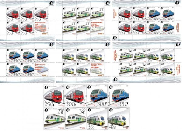 Russia and Finland 2021 European Year of Rail commuter trains Peterspost super full set of 8 stamps and 4 sheetlets