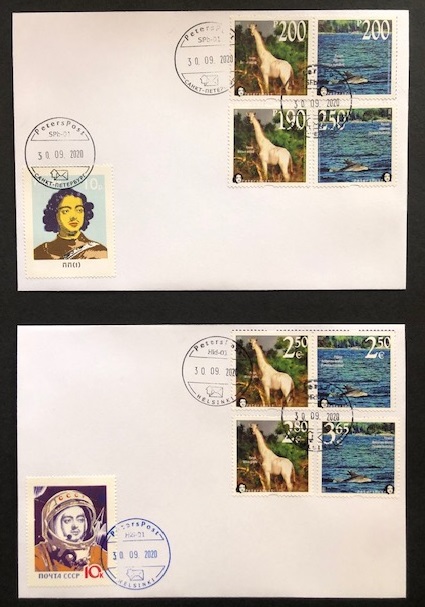 Russia Finland 2020 Fauna Wild life Memorable facts White giraffe and Bottlenose dolphin Peterspost joint issue FDC