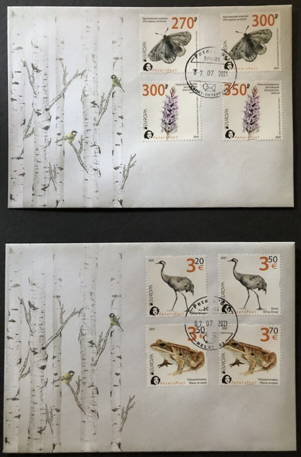 Russia and Finland 2021 Europa Endangered Wildlife full set of Peterspost issue 8 stamps on FDCs