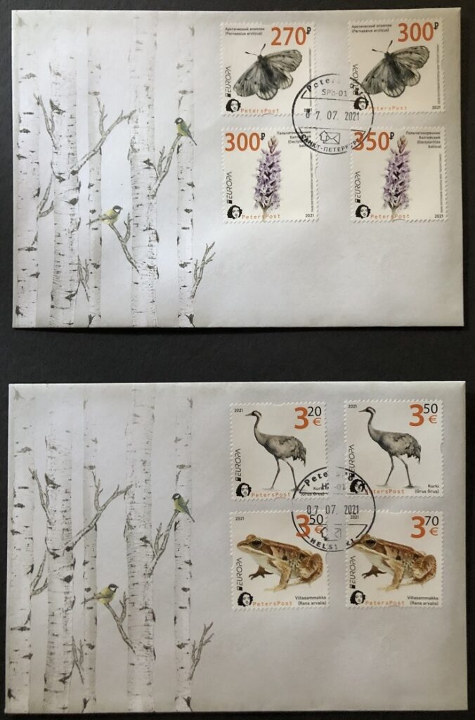 Russia and Finland 2021 Europa Endangered Wildlife full set of Peterspost issue 8 stamps on FDCs