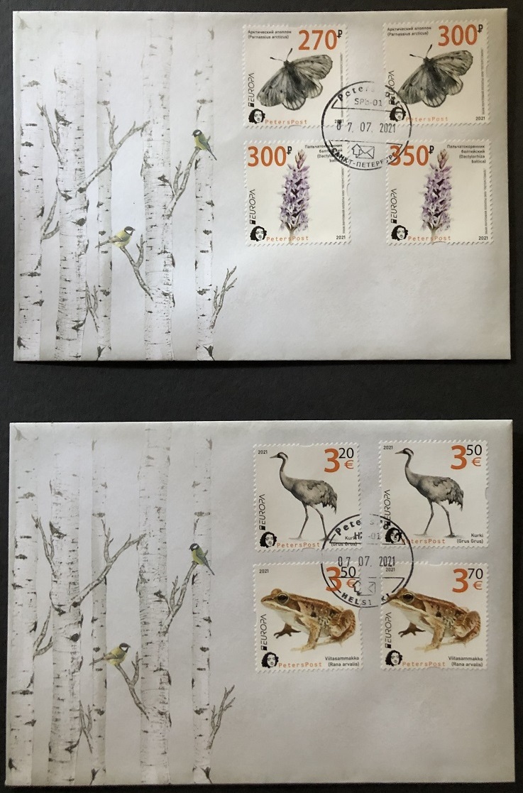 Russia and Finland 2021 Europa Endangered Wildlife full set of Peterspost issue 8 stamps on FDCs - Image 1