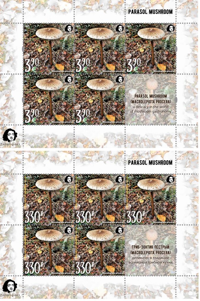 Russia and Finland 2021 Parasol mushroom a delicacy of gastronomy Peterspost joint issue set of 2 sheetlets mint