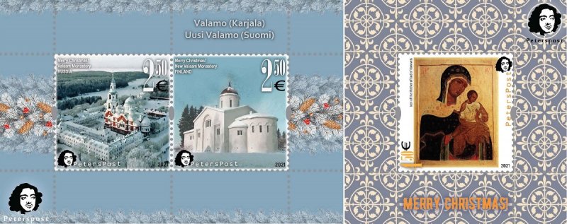 Finland 2021 Merry Christmas Valaam monastery Cathedrals and icons Peterspost set of 2 blocks MNH - Image 1