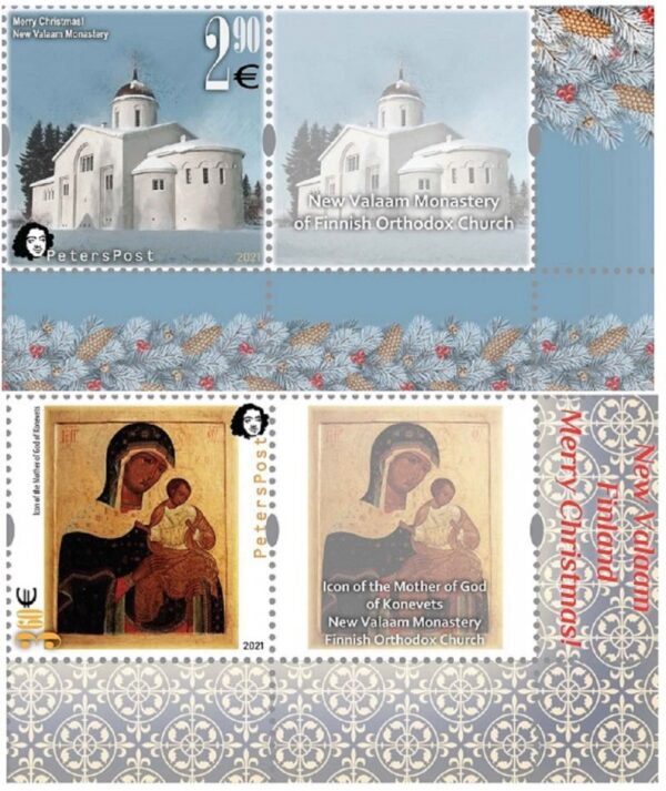 Finland 2021 Merry Christmas Valaam monastery Cathedrals and icons Peterspost set of 2 stamps with labels MNH
