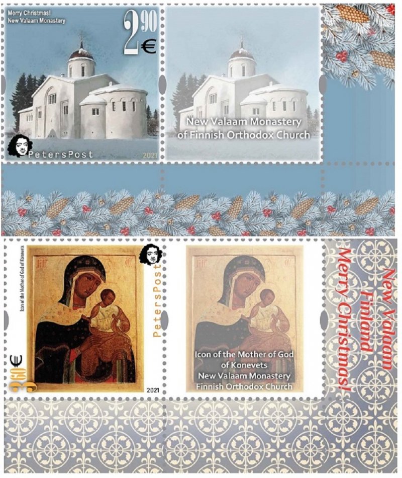 Finland 2021 Merry Christmas Valaam monastery Cathedrals and icons Peterspost set of 2 stamps with labels MNH - Image 1