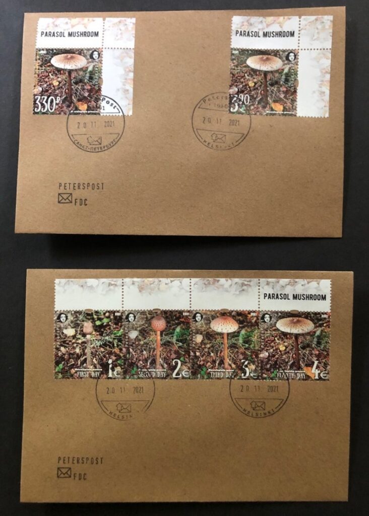 Russia and Finland 2021 Parasol mushroom a delicacy of gastronomy Peterspost joint issue full set of 2 FDC's