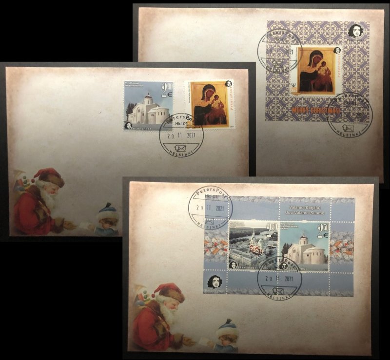 Finland 2021 Merry Christmas Valaam monastery Cathedrals and icons Peterspost set of 3 FDC's - Image 1