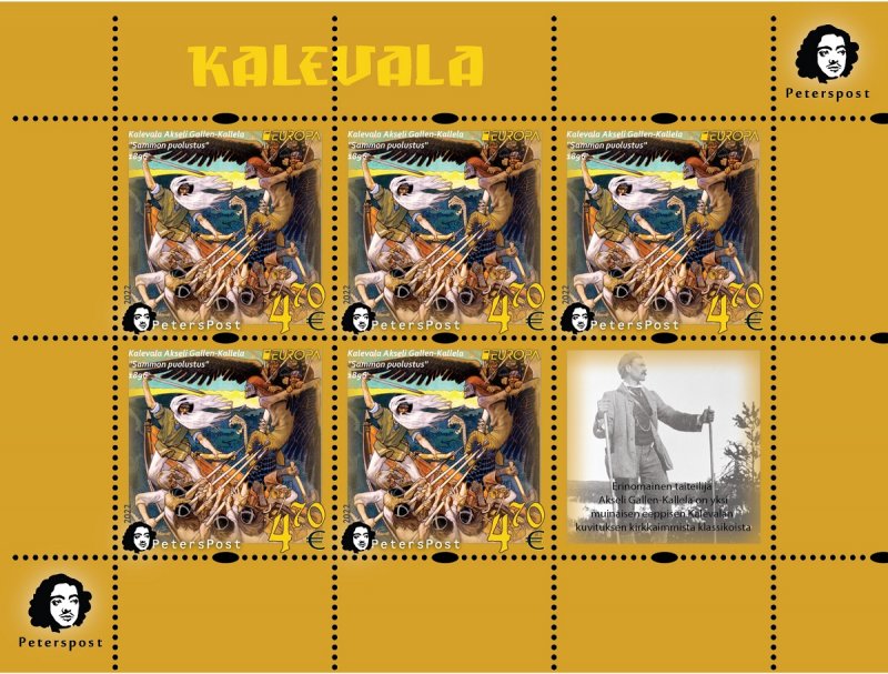 Finland 2022 Europa CEPT Myths & Legends Kalevala Akseli Gallen-Kallela Peterspost sheetlet of 5 stamps with label MNH - Image 1