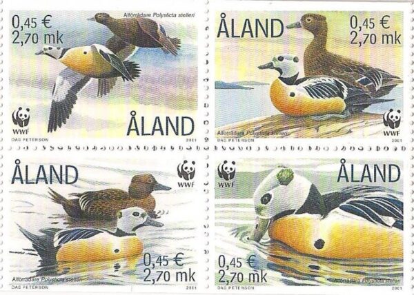 Aland Islands Åland Finland 2001 WWF Siberian eider Polysticta stelleri block of 4 stamps MNH