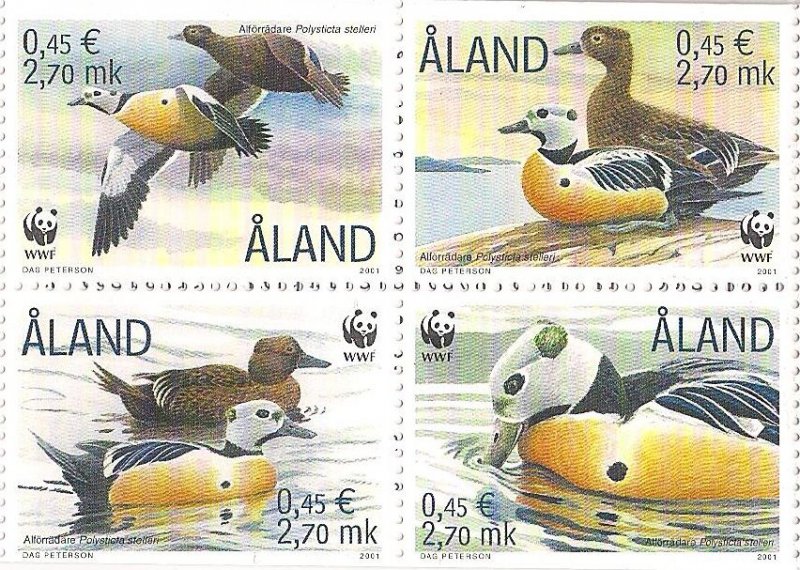 Aland Islands Åland Finland 2001 WWF Siberian eider Polysticta stelleri block of 4 stamps MNH - Image 1