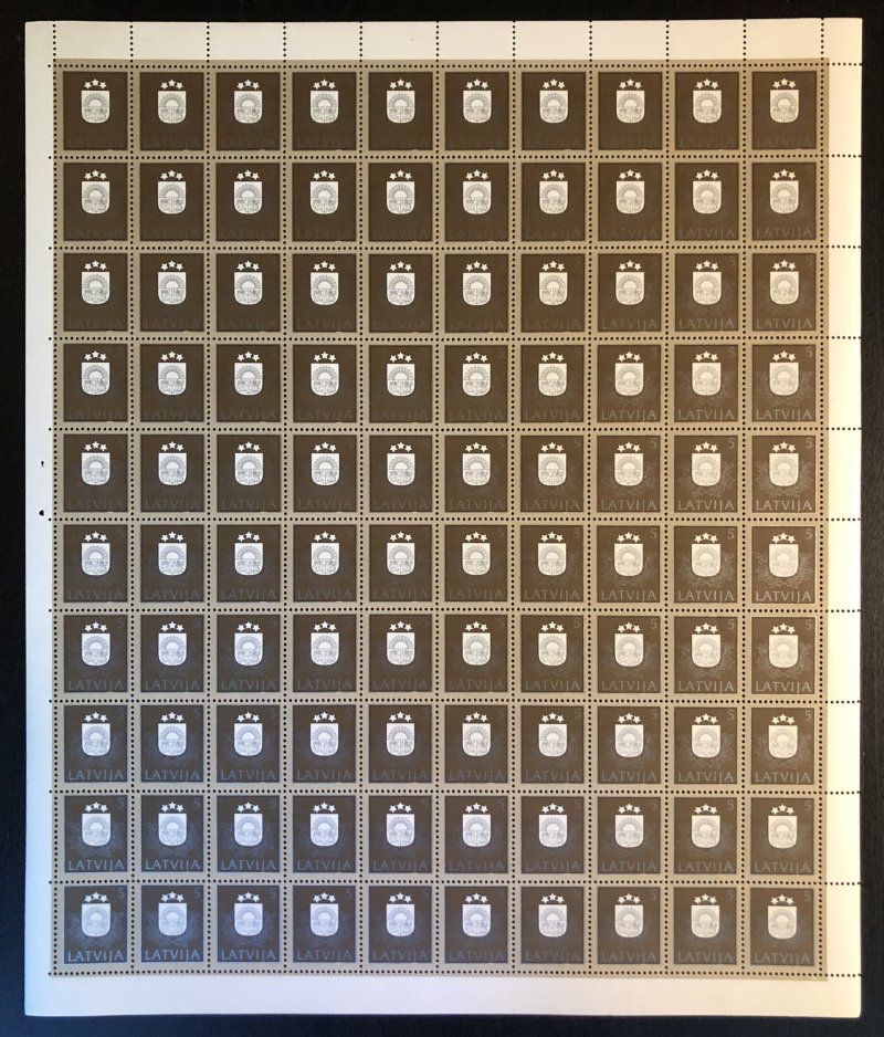 Latvia Lettland 1991 Definitives 5 kop First stamp of Latvia after restoration of Independence RARE sheet of 100 stamps MNH - Image 1