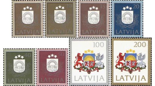 Latvia Lettland Lettonie 1991 Definitives First stamp set of Latvia after restoration of Independence set of 8 stamps MNH