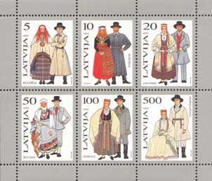 Latvia Lettland 1993 National dresses set of 6 stamps in block MNH