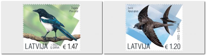 Latvia Lettland Lettonie 2022 Birds Magpie Common Swift Set of 2 stamps MNH - Image 1