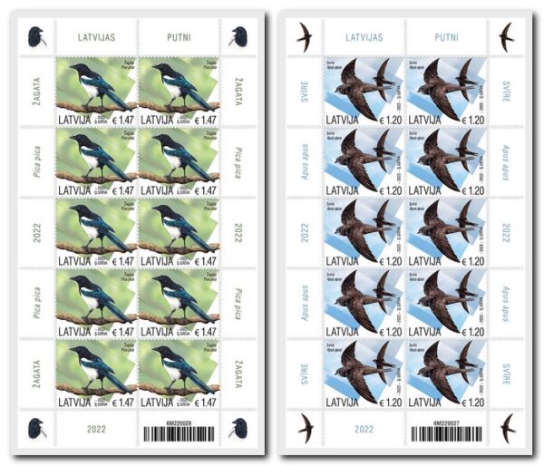 Latvia Lettland 2022 Birds Magpie Common Swift Set of 2 sheetlets of 10 stamps MNH