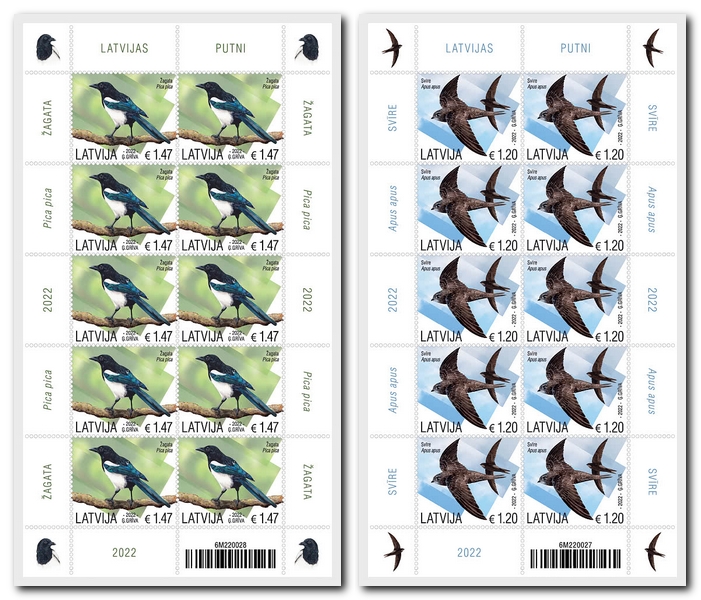 Latvia Lettland 2022 Birds Magpie Common Swift Set of 2 sheetlets of 10 stamps MNH - Image 1