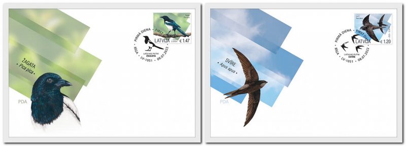 Latvia Lettland 2022 Birds Magpie Common Swift Set of 2 FDC - Image 1