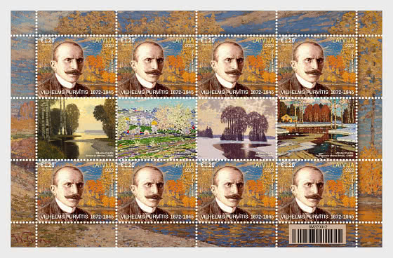 Latvia Lettland 2022 150th of Vilhelms Purvitis Painter Sheetlet of 8 stamps with 4 labels