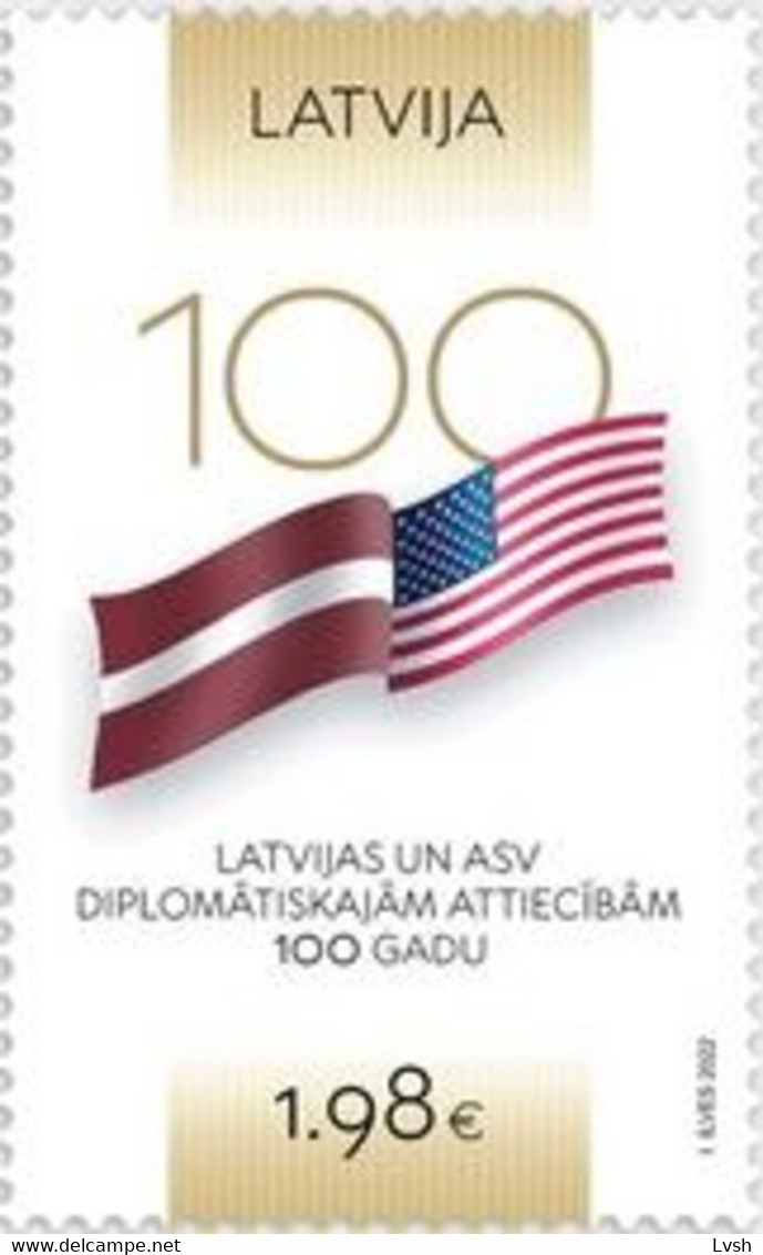 Latvia Lettland 2022 100th of the diplomatic relations between Latvia and USA Stamp mint - Image 1