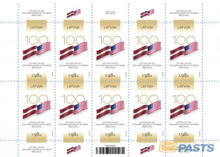 Latvia Lettland 2022 100th of the diplomatic relations between Latvia and USA Sheetlet of 10 stamps - Image 1