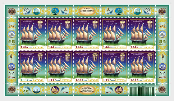 Latvia Lettland 2022 Three-masted sailing schooner Eifrosine Sheetlet of 10 stamps