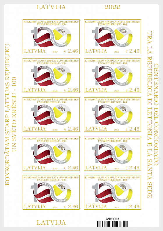 Latvia Lettland 2022 100th of the Concordat Between Latvian Republic and the Holy See Joint Issue with Vatican Sheetlet of 10 stamps
