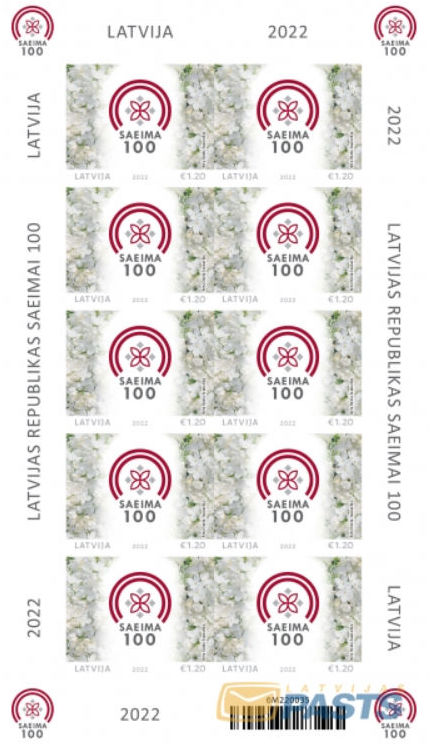 Latvia 2022 100th of The Parliament of Latvia Sheetlet of 10 stamps