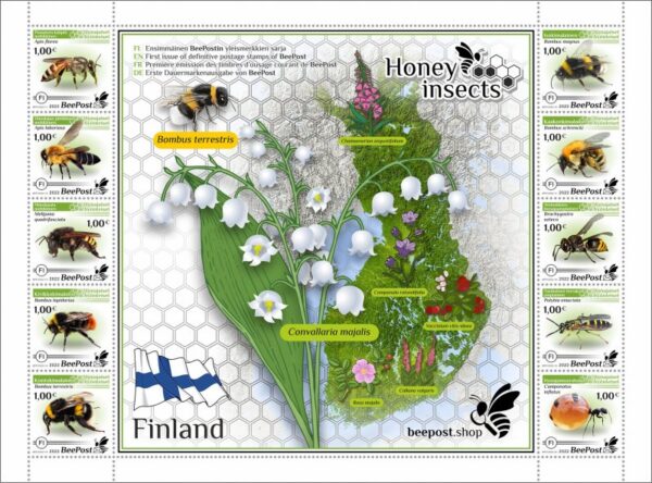 Finland 2022 Honey insects Definitives BeePost Block of 10 stamps with label MNH