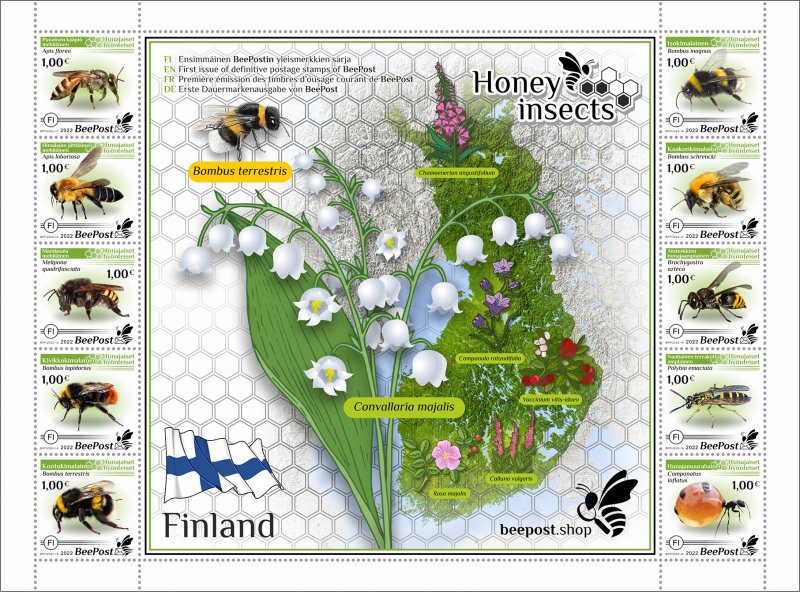 Finland 2022 Honey insects Definitives BeePost Block of 10 stamps with label MNH - Image 1