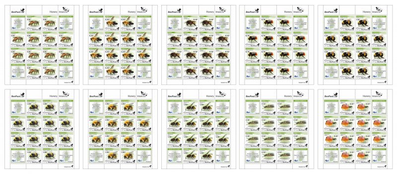 Finland 2022 Honey insects Definitives BeePost Set of 10 sheetlets of 12 stamps and labels each MNH - Image 1