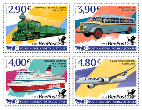 Finland 2022 Postal History Transport train airplane ship bus BeePost Set of 4 stamps MNH