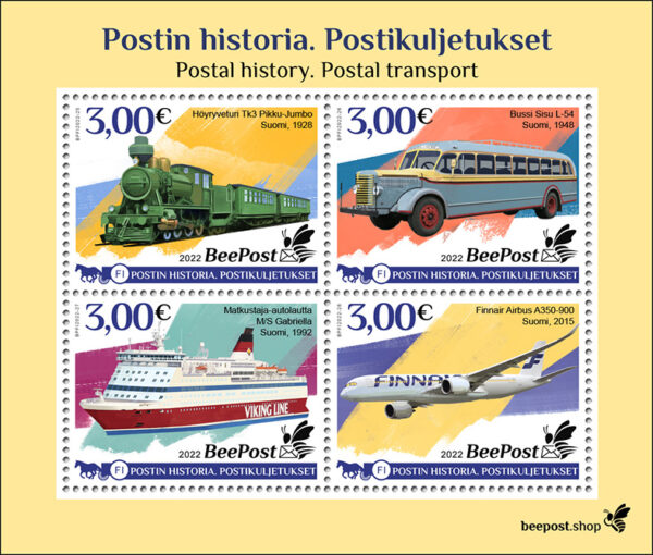 Finland 2022 Postal History Transport train airplane ship bus BeePost Block of 4 stamps MNH
