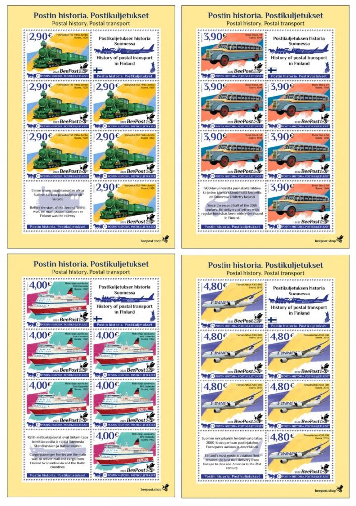 Finland 2022 Postal History Transport train airplane ship bus BeePost Set of 4 sheetlets of 6 stamps MNH