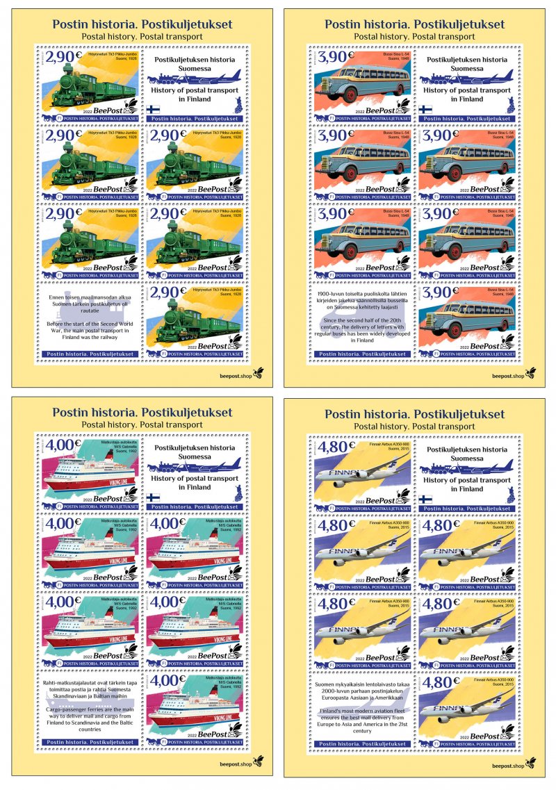 Finland 2022 Postal History Transport train airplane ship bus BeePost Set of 4 sheetlets of 6 stamps MNH - Image 1