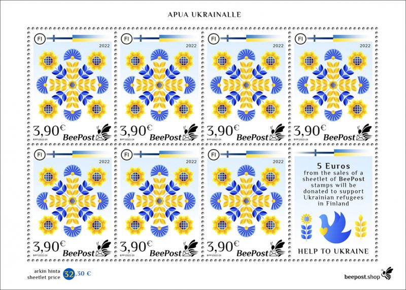 Finland 2022 Support to Ukraine BeePost Sheetlet of 7 stamps and label - Image 1