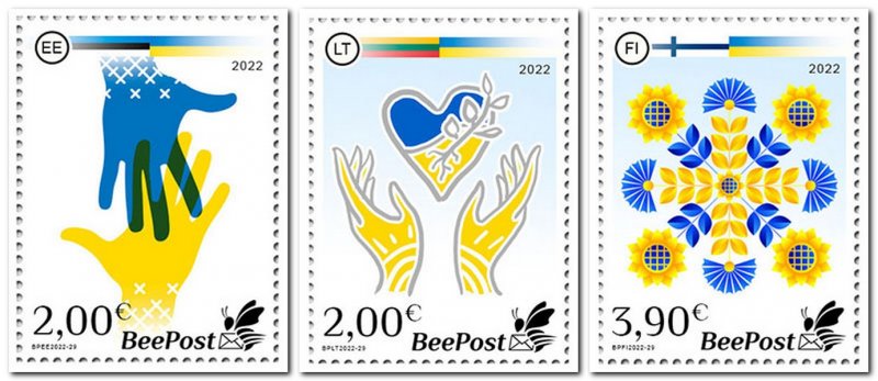 Estonia Lithuania Finland 2022 Support to Ukraine BeePost Set of 3 stamps MNH - Image 1