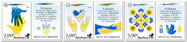 Estonia Lithuania Finland 2022 Support to Ukraine BeePost Set of 3 stamps with labels MNH