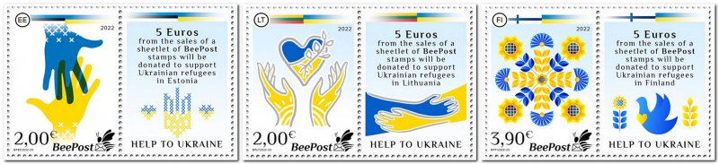Estonia Lithuania Finland 2022 Support to Ukraine BeePost Set of 3 stamps with labels MNH - Image 1