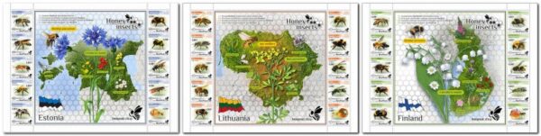 Estonia Lithuania Finland 2022 Honey insects BeePost First definitives Full complete of 3 blocks of 10 stamps each MNH