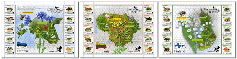 Estonia Lithuania Finland 2022 Honey insects BeePost First definitives Full complete of 3 blocks of 10 stamps each MNH - Image 1