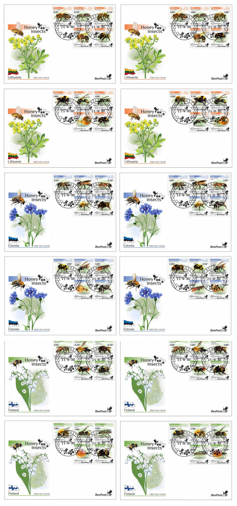 Estonia Lithuania Finland 2022 Honey insects BeePost Full complete of 3 sets of 4 FDCs - Image 1