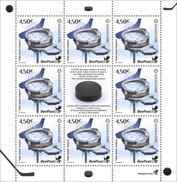 Finland 2022 Significant events World Ice Hockey championship Nokia arena Tampere BeePost FI sheetlet of 8 stamps and label MNH