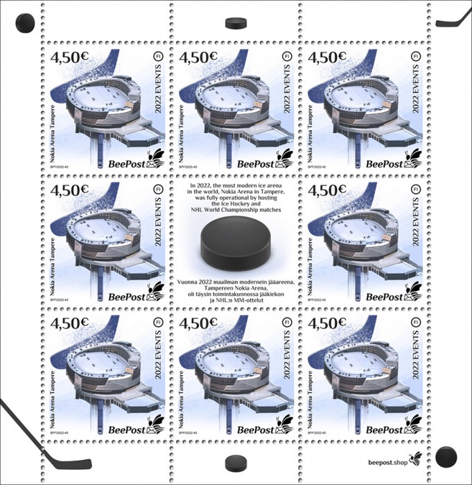 Finland 2022 Significant events World Ice Hockey championship Nokia arena Tampere BeePost FI sheetlet of 8 stamps and label MNH - Image 1