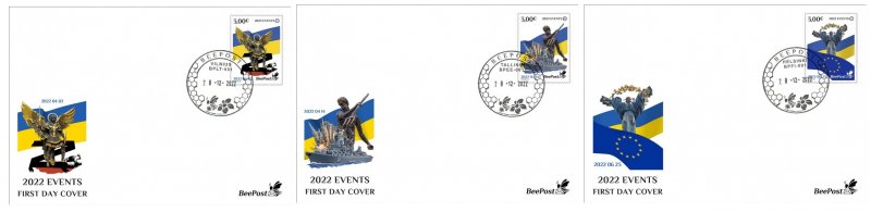 Estonia Finland Lithuania 2022 Ukranian war and history events BeePost set of 3 FDC stamps - Image 1
