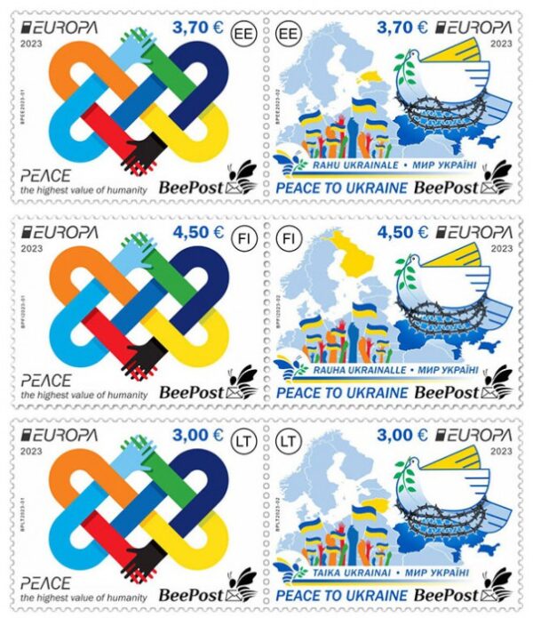 Estonia Lithuania Finland 2023 Europa CEPT Peace to Ukraine BeePost set of 6 stamps MNH