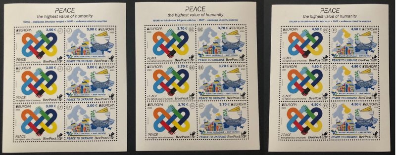 Estonia Lithuania Finland 2023 Europa CEPT Peace to Ukraine BeePost set of 3 sheetlets MNH - Image 1