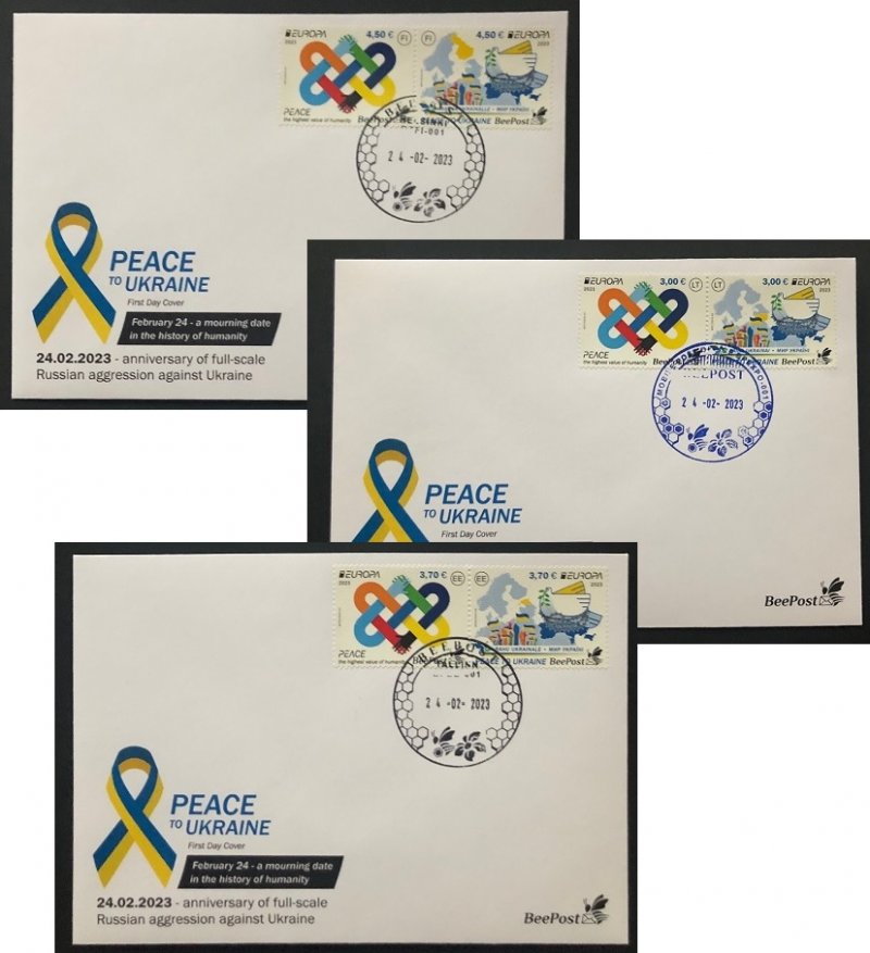 Estonia Lithuania Finland 2023 Europa CEPT Peace to Ukraine BeePost set of 3 FDCs - Image 1